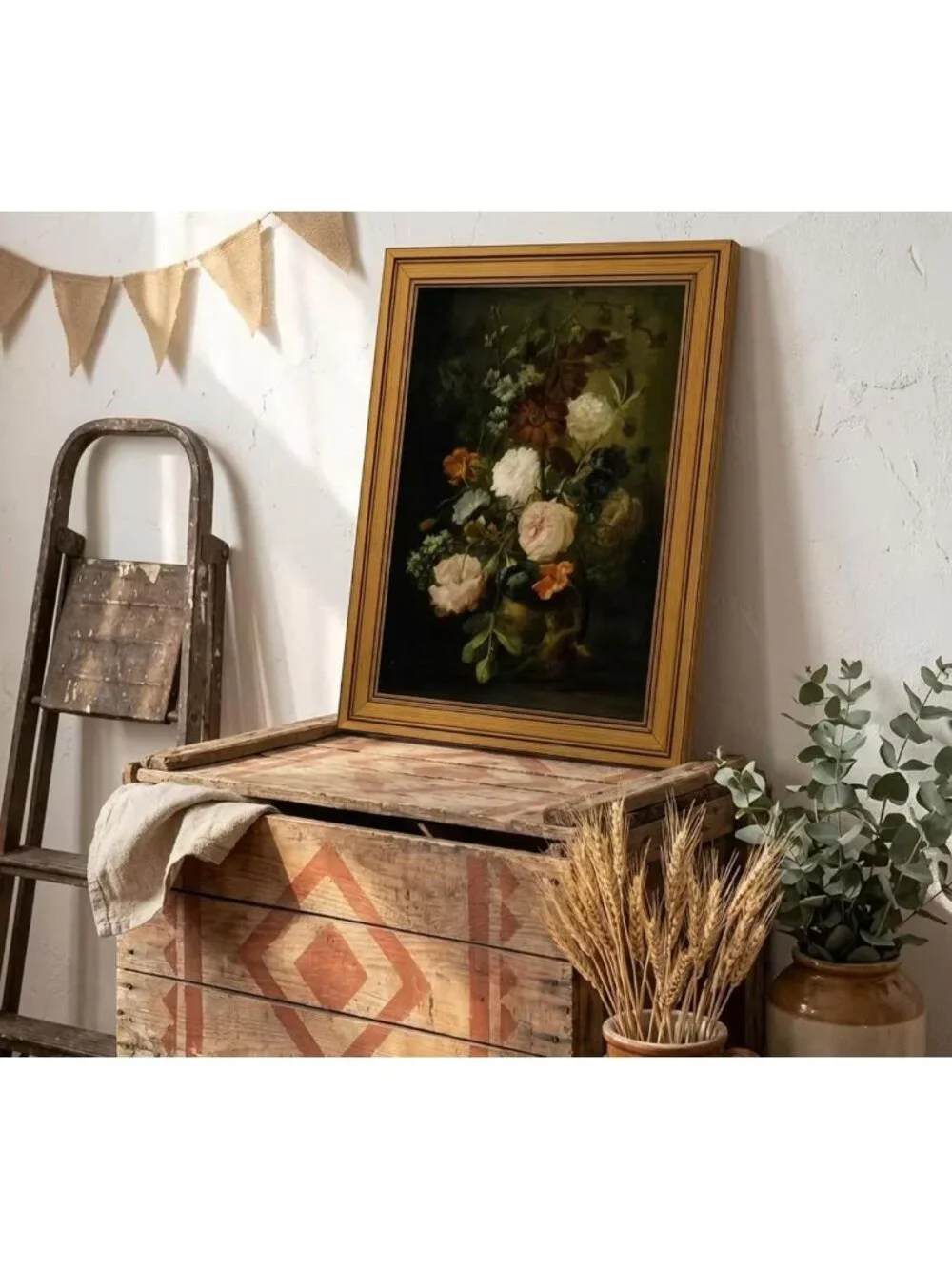 Vintage Floral Canvas Wall Art - Gold Frame Dark Flower Print for Rustic Decor